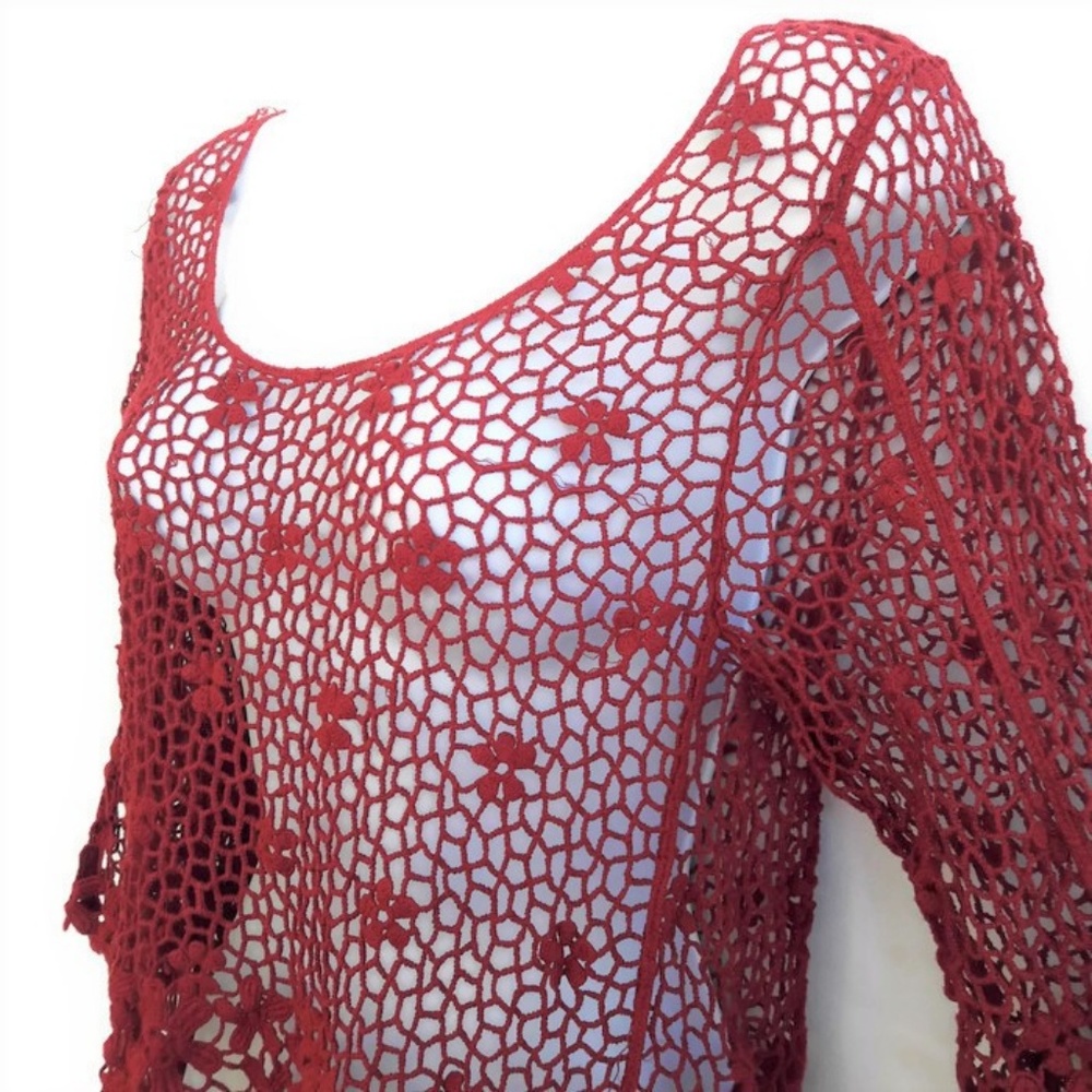 Vintage Breeze Ever Cotton Flower Crochet Macrame Red Bell Sleeve Swim Cover Up - Picture 2 of 5